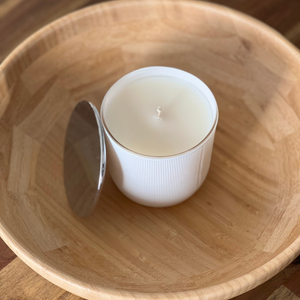 White Ribbbed Candle in Pink Sugar