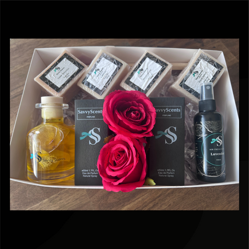 Floral-forward hamper with Tom Ford–inspired perfumes, lavender air freshener, and indulgent soaps