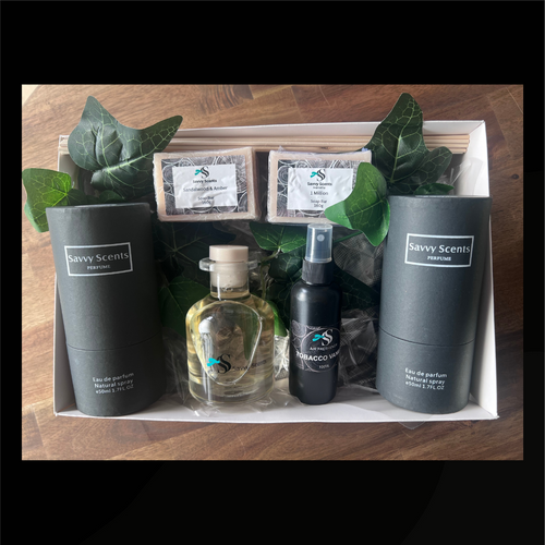 Father’s Day hamper with masculine fragrance dupes, tobacco diffuser, and amber soap from Savvy Scents