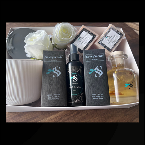 Luxury scent hamper with Xerjoff and Dior-inspired perfumes, musk accents, and grounding amber soap