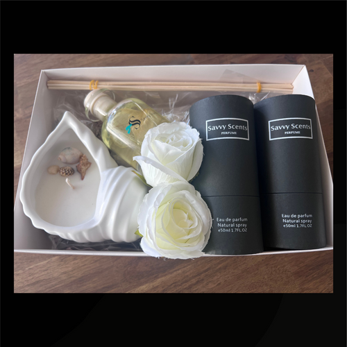 Ocean-inspired hamper with shell candle, coconut lime diffuser, and fresh fragrance dupes from Savvy Scents